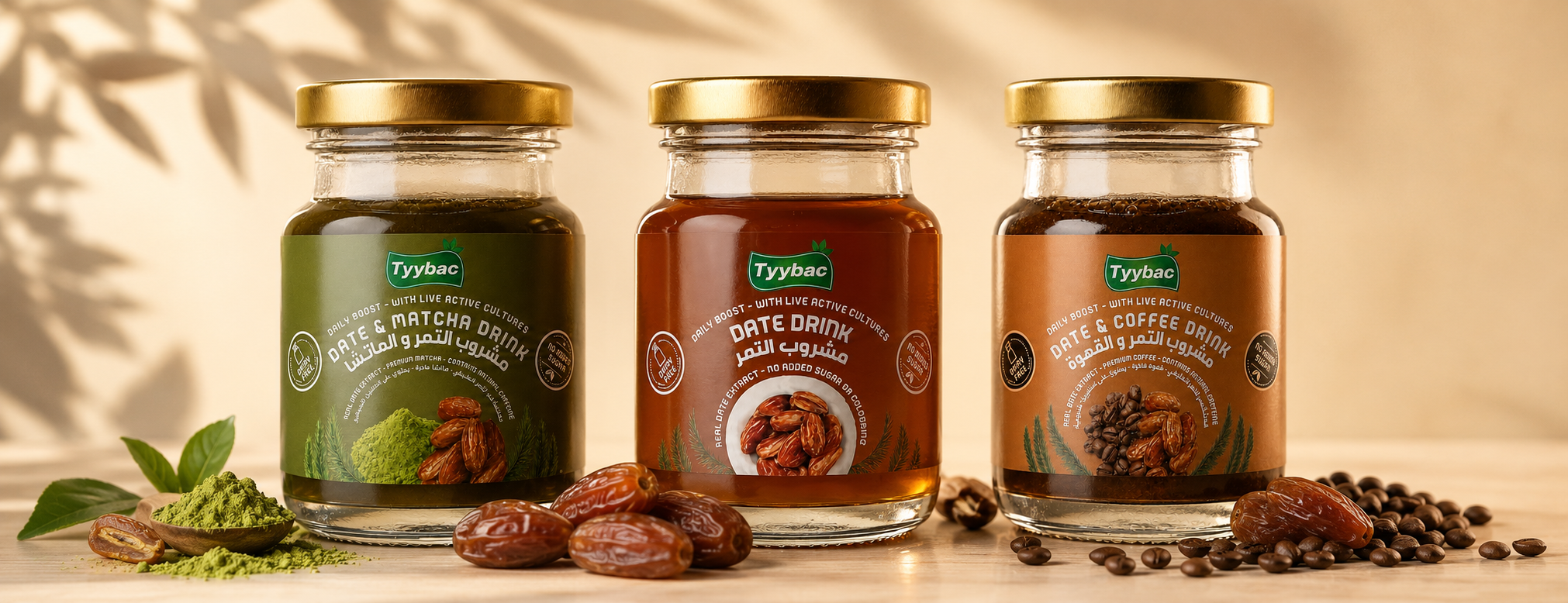 Tyybac Original, Matcha and Coffee date drinks with natural ingredients